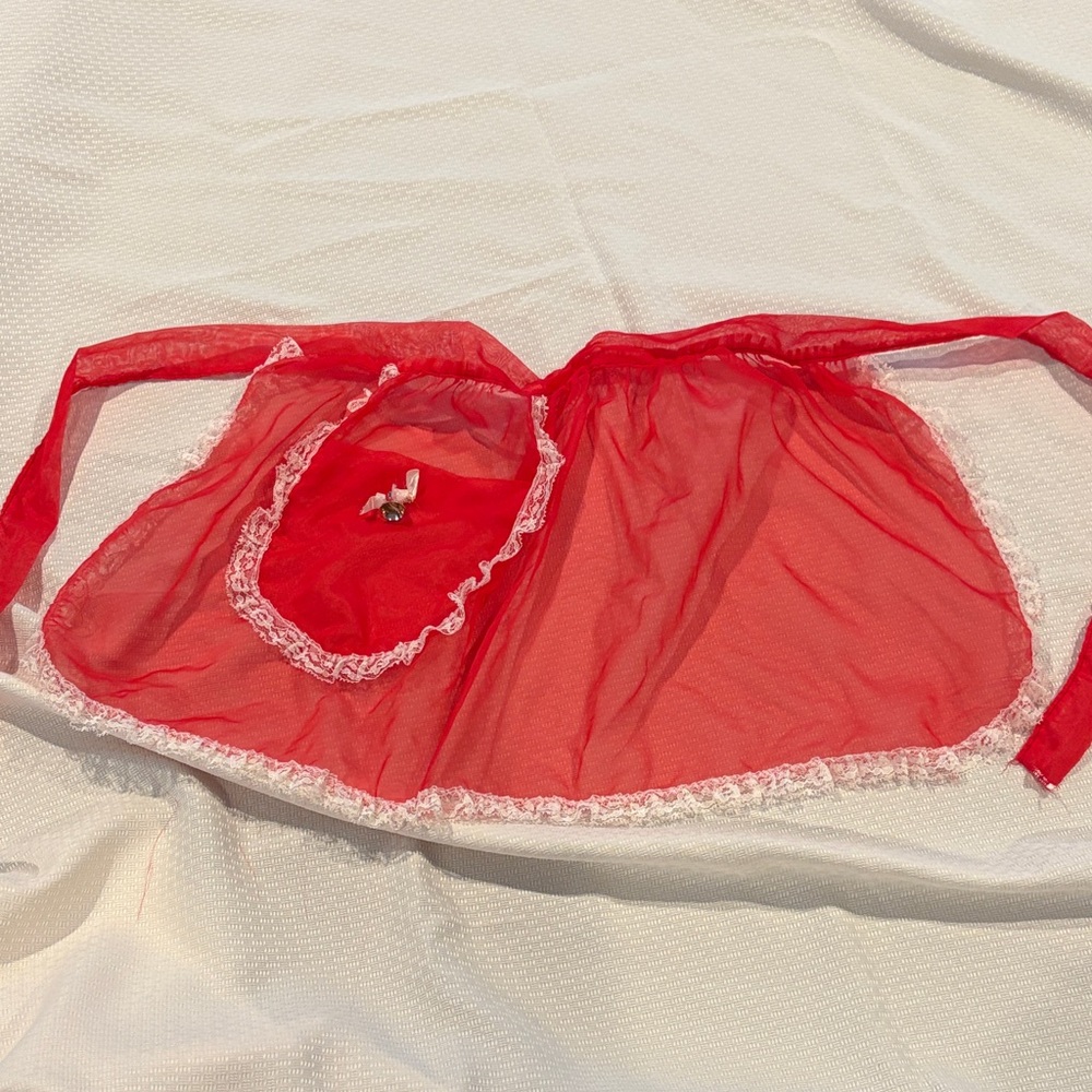 Vintage Sheer Red Apron with white lace trim